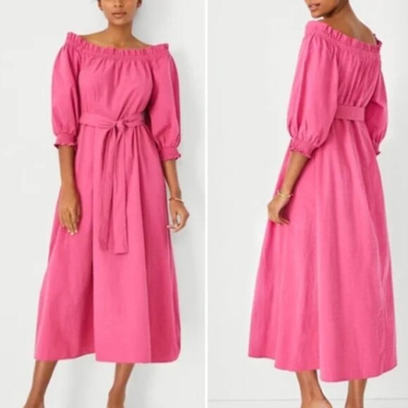 Ann Taylor | Pink Puff Sleeve Tie Waist Midi Flare Cottagecore Dress Small - Picture 1 of 11